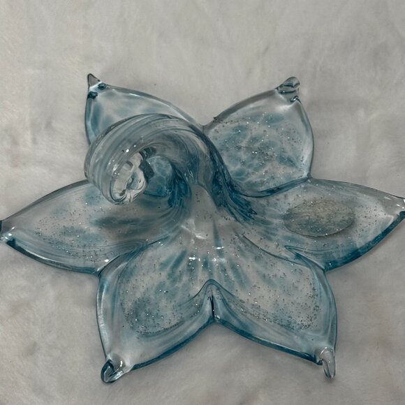 Murano Style Art Glass Hand Blown Stargazer Pale Blue Lily Flower Metallic Silve - Picture 9 of 13